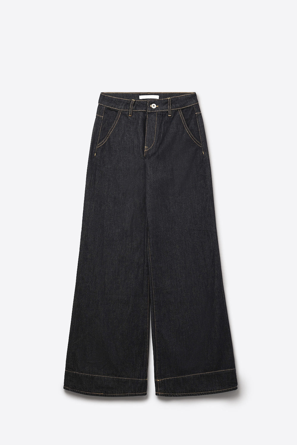 Dark Denim Wide-Leg Jeans with Contrast Stitching - Denim