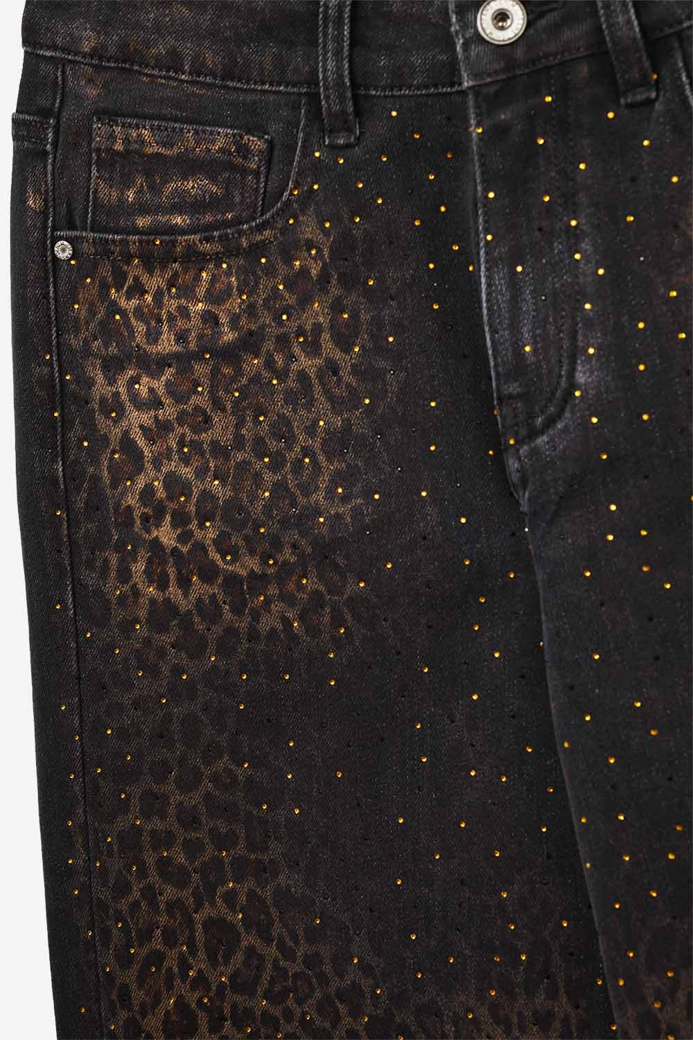 Leopard Print Black Straight-Leg Jeans with strass detail - Coloured Jeans