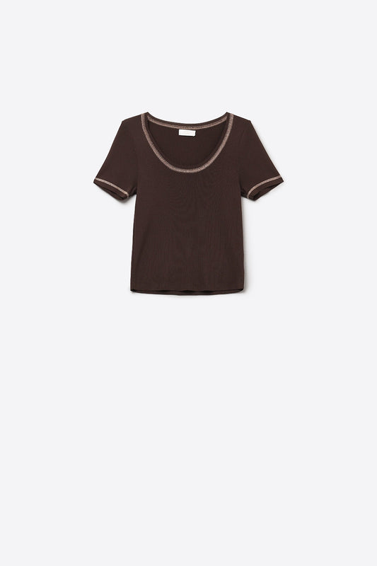 thin knitted sweater In brown With Silver Seam at Round Neck