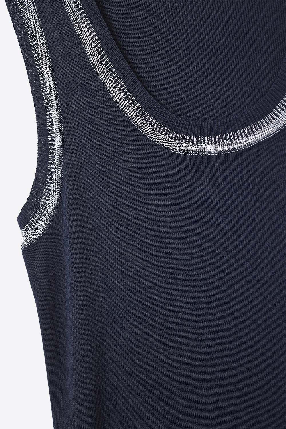 Navy Sleeveless Knit Top with Metallic Trim