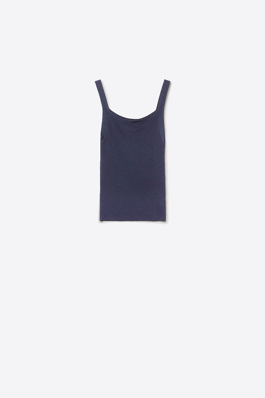 Navy Ribbed Knit Top with Wide Straps