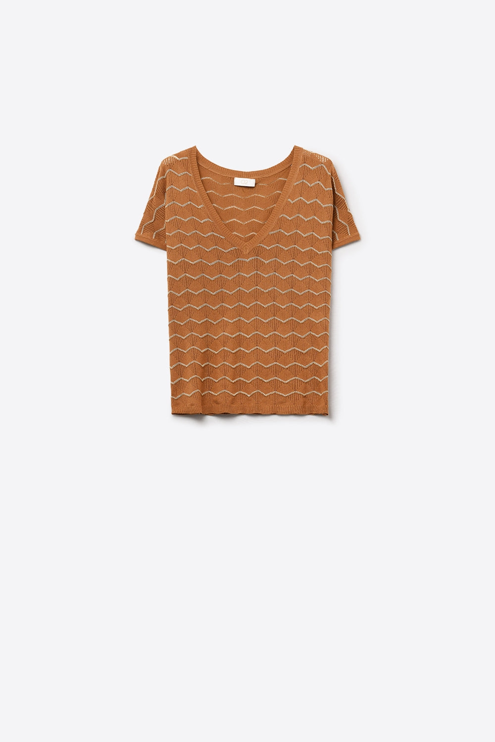 Zigzag V-Neck Knit sweater with dropped sleeves in Brown