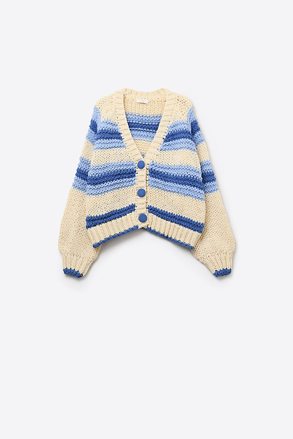 V-neck Chunky Knit Cardigan in stripes of Blue and cream