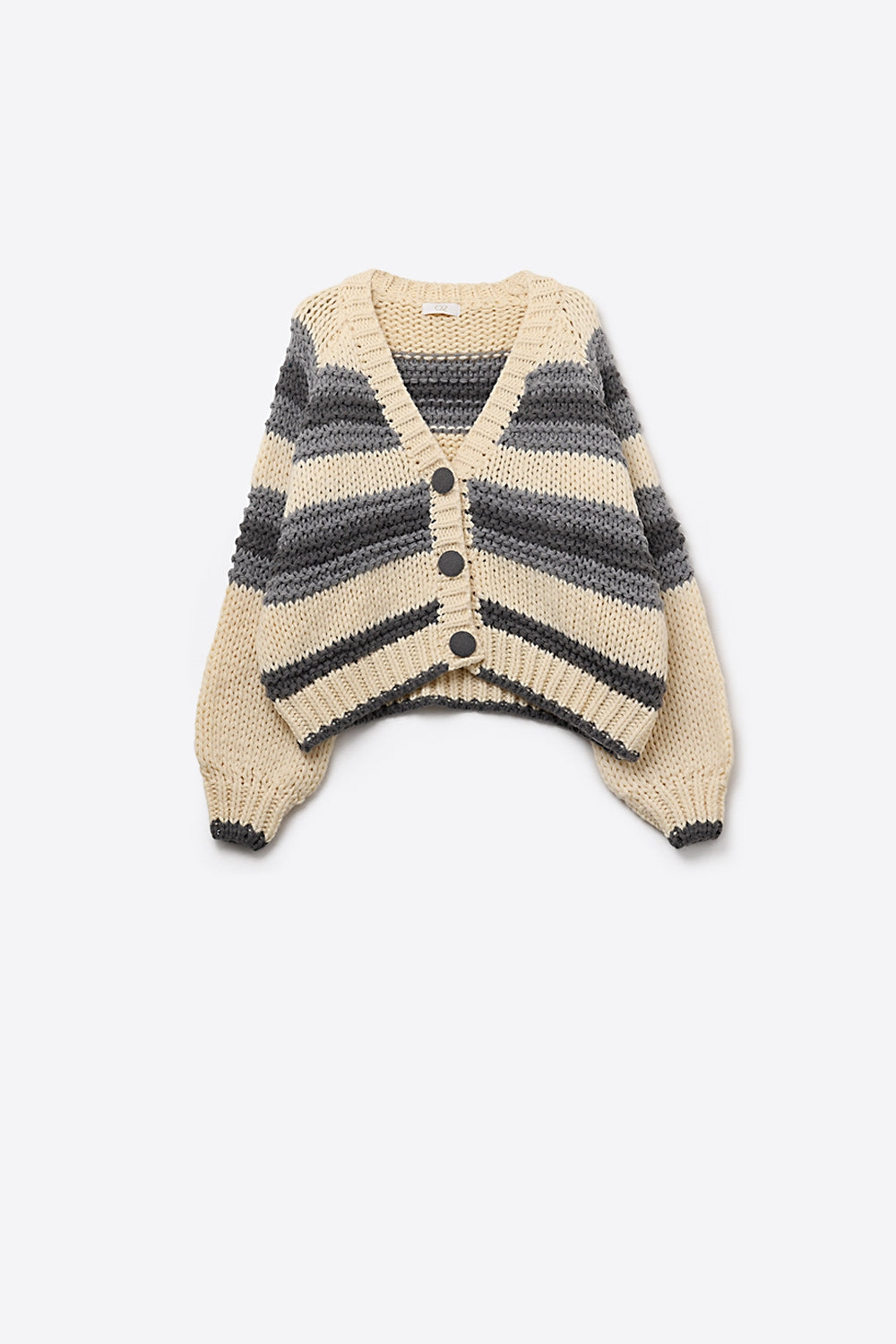 V-neck Chunky Knit Cardigan in striped of Grey and Cream