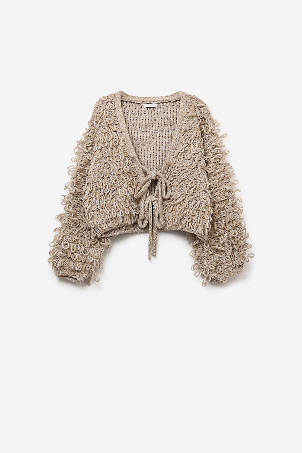 Beige Cropped chunky Knit cardigan with V-Neck and Front Tie closure