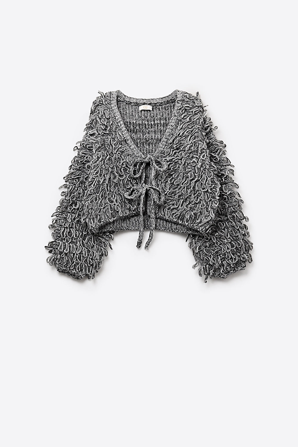 Grey Cropped chunky Knit cardigan with V-Neck and Front Tie closure