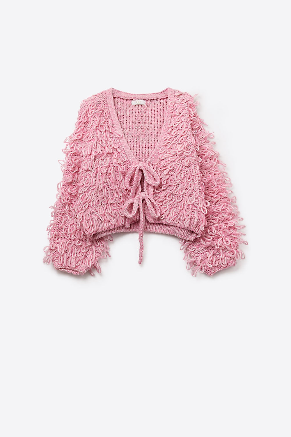 Pink Cropped chunky Knit cardigan with V-Neck and Front Tie closure