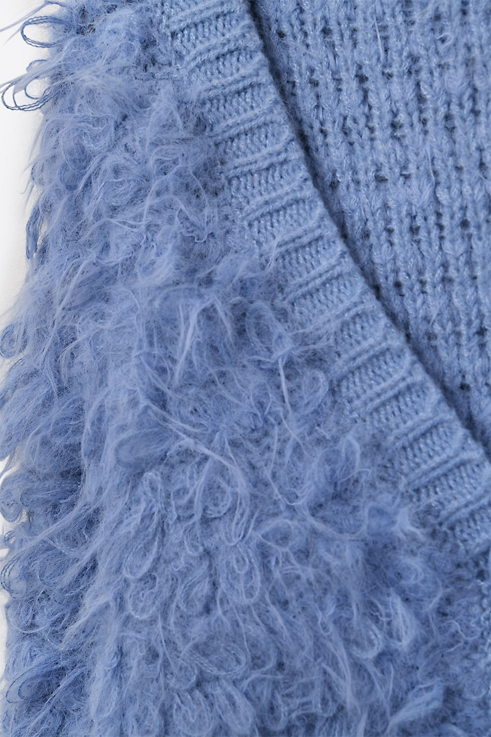 Soft knit cardigan in a chunky shag style in blue