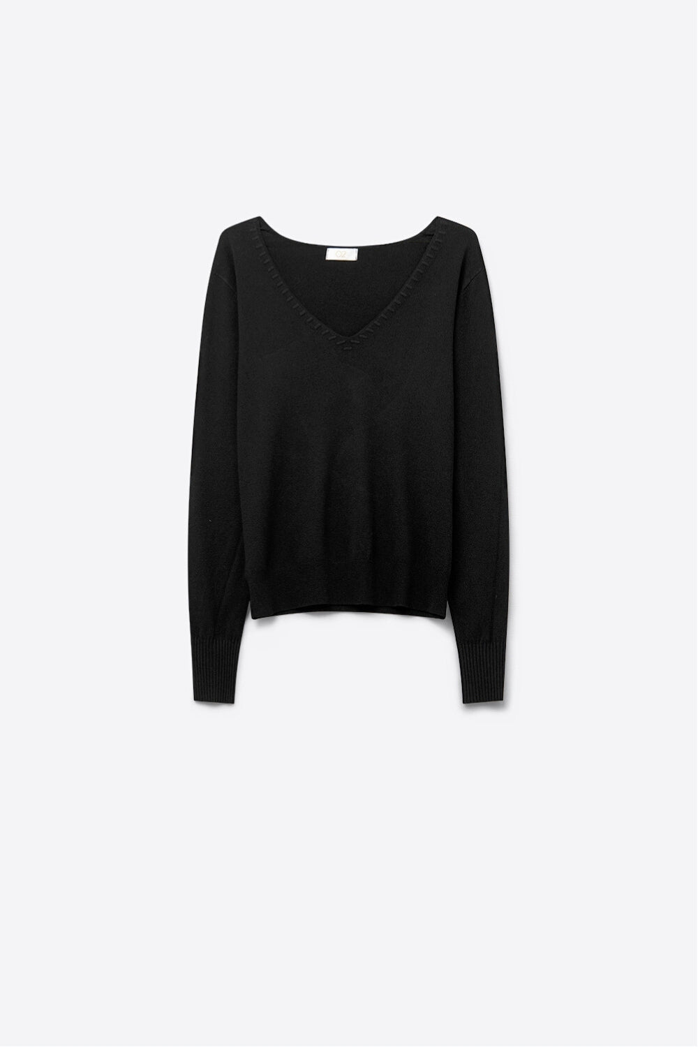 Fine Knit V-Neck Sweater with Decorative Neckline Detail in black color