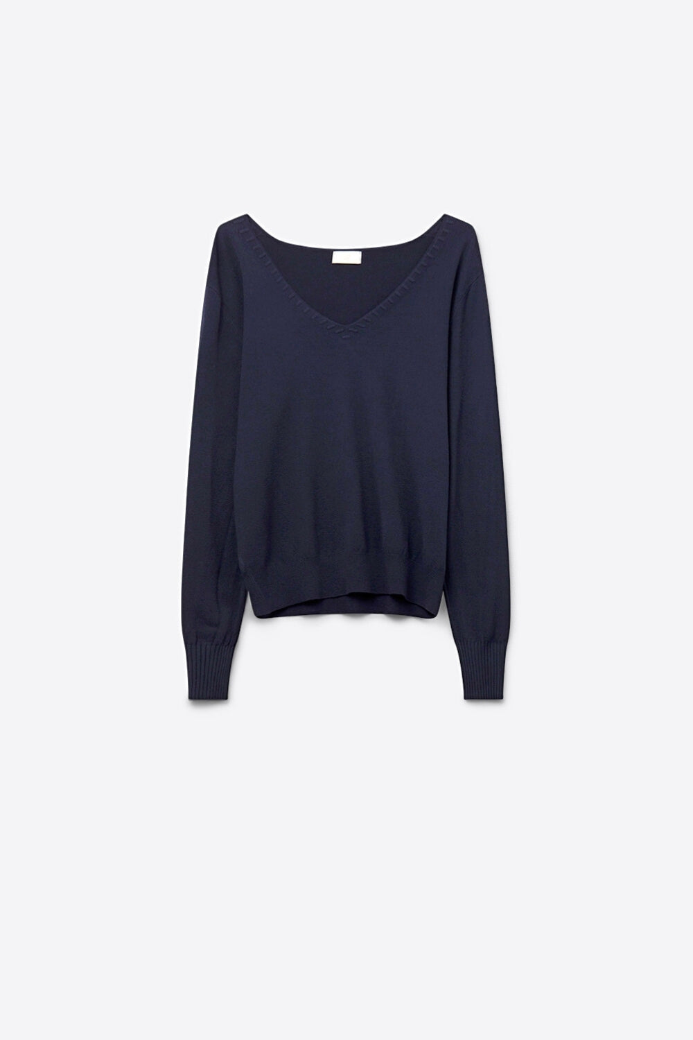 Fine Knit V-Neck Sweater with Decorative Neckline Detail in navy color