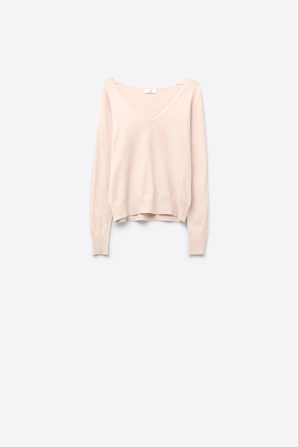 Fine Knit V-Neck Sweater with Decorative Neckline Detail in beige color