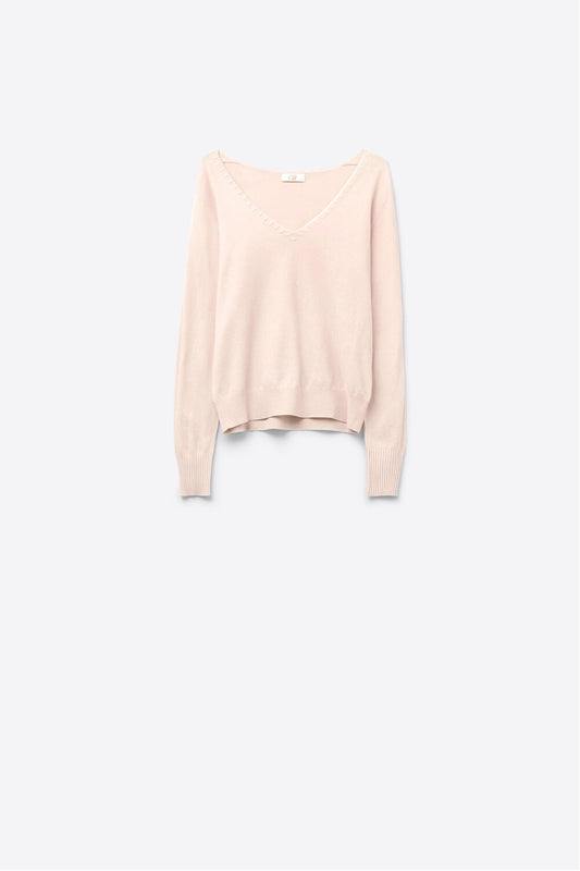 Fine Knit V-Neck Sweater with Decorative Neckline Detail in beige color - Jumpers