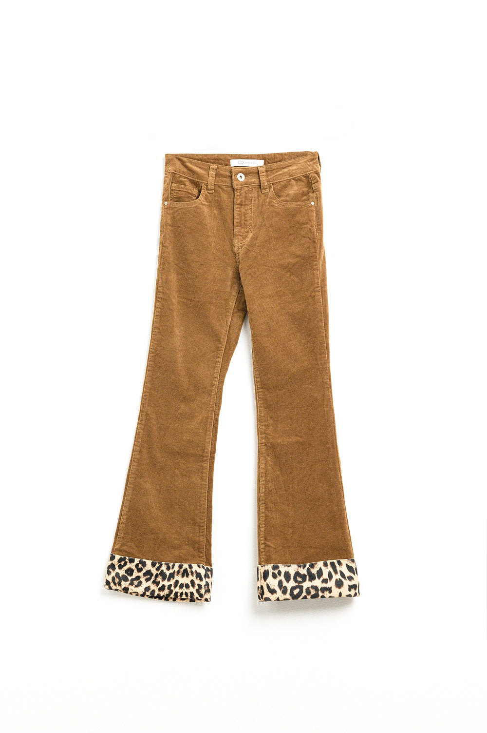 Brown corduroy flare pants with leopard print at the bottom - trousers