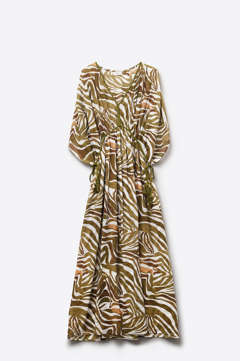 flowy chiffon Khaki Zebra Print Maxi Dress with Drawstring Waist - dress