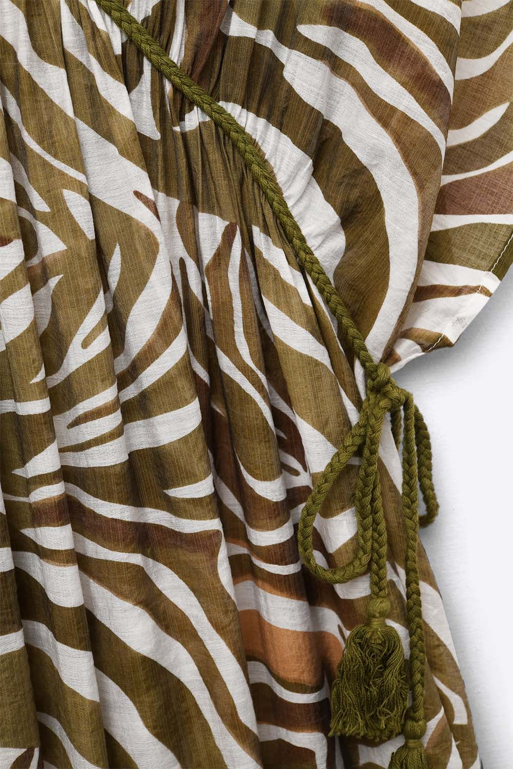 flowy chiffon Khaki Zebra Print Maxi Dress with Drawstring Waist - dress