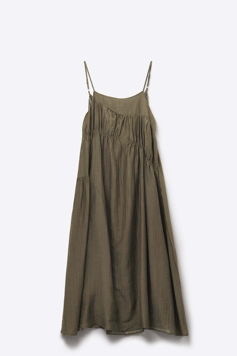 Khaki Midi Dress with Thin Straps and Crinkled Detail - dress