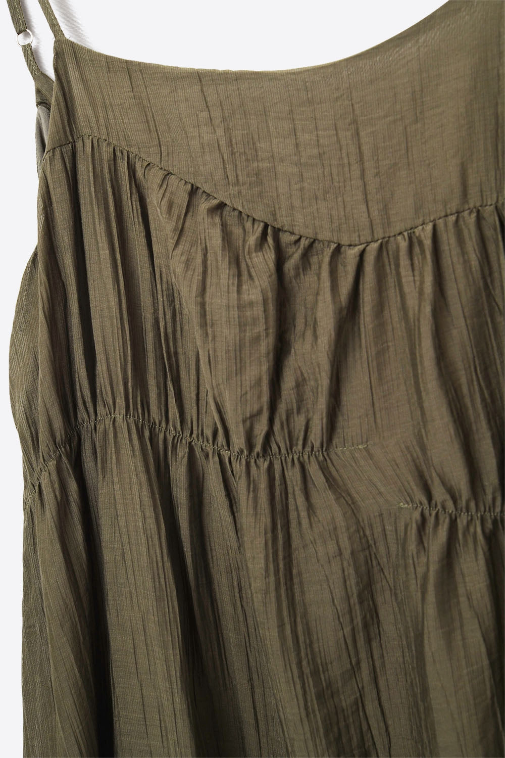 Khaki Midi Dress with Thin Straps and Crinkled Detail - dress