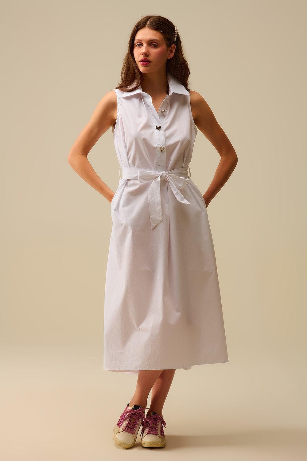 White poplin midi dress with silver heart-shaped buttons - dress