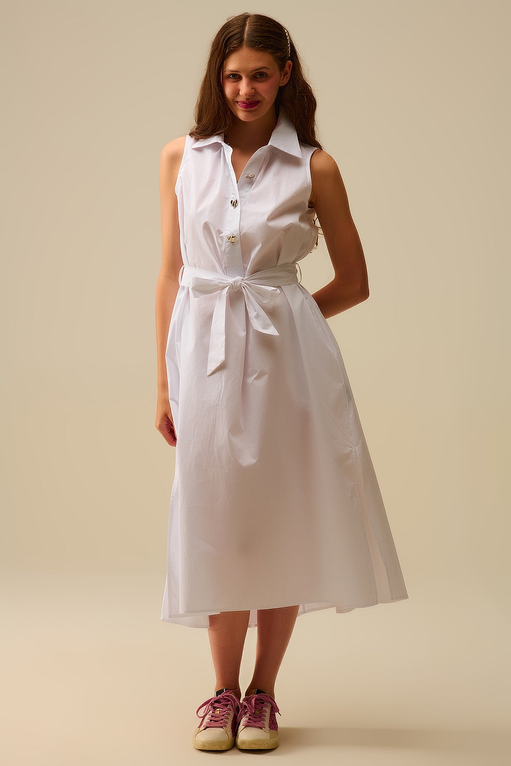 White poplin midi dress with silver heart-shaped buttons - dress