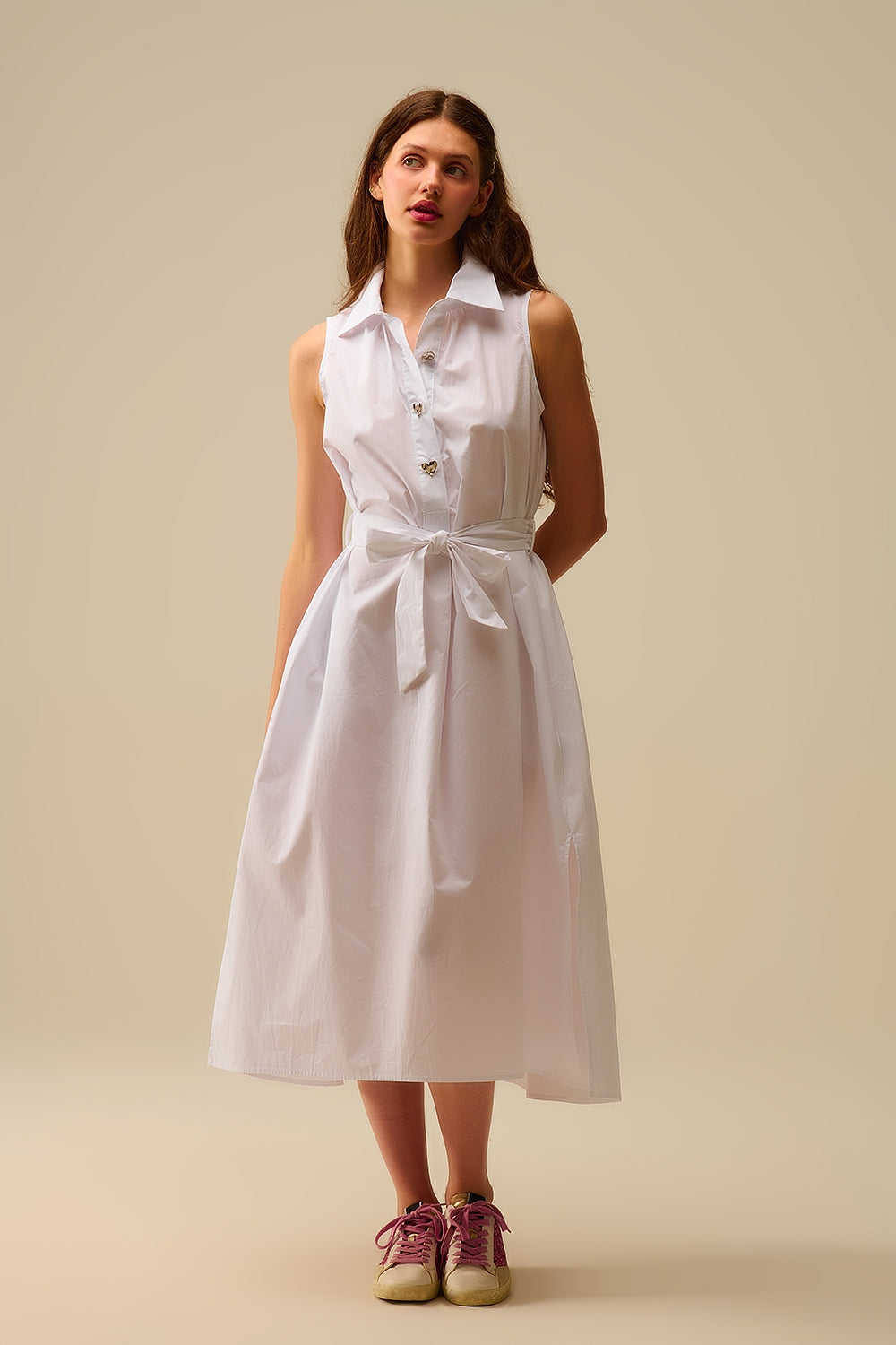 White poplin midi dress with silver heart-shaped buttons - dress
