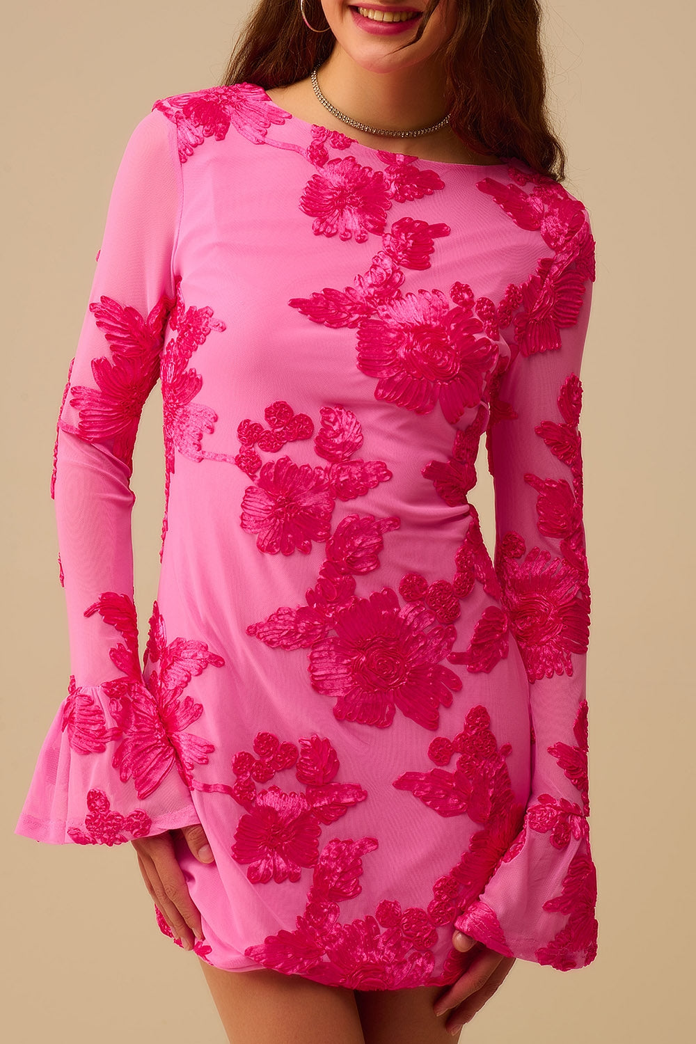 fuchsia chiffon mini dress with floral brocade - dress