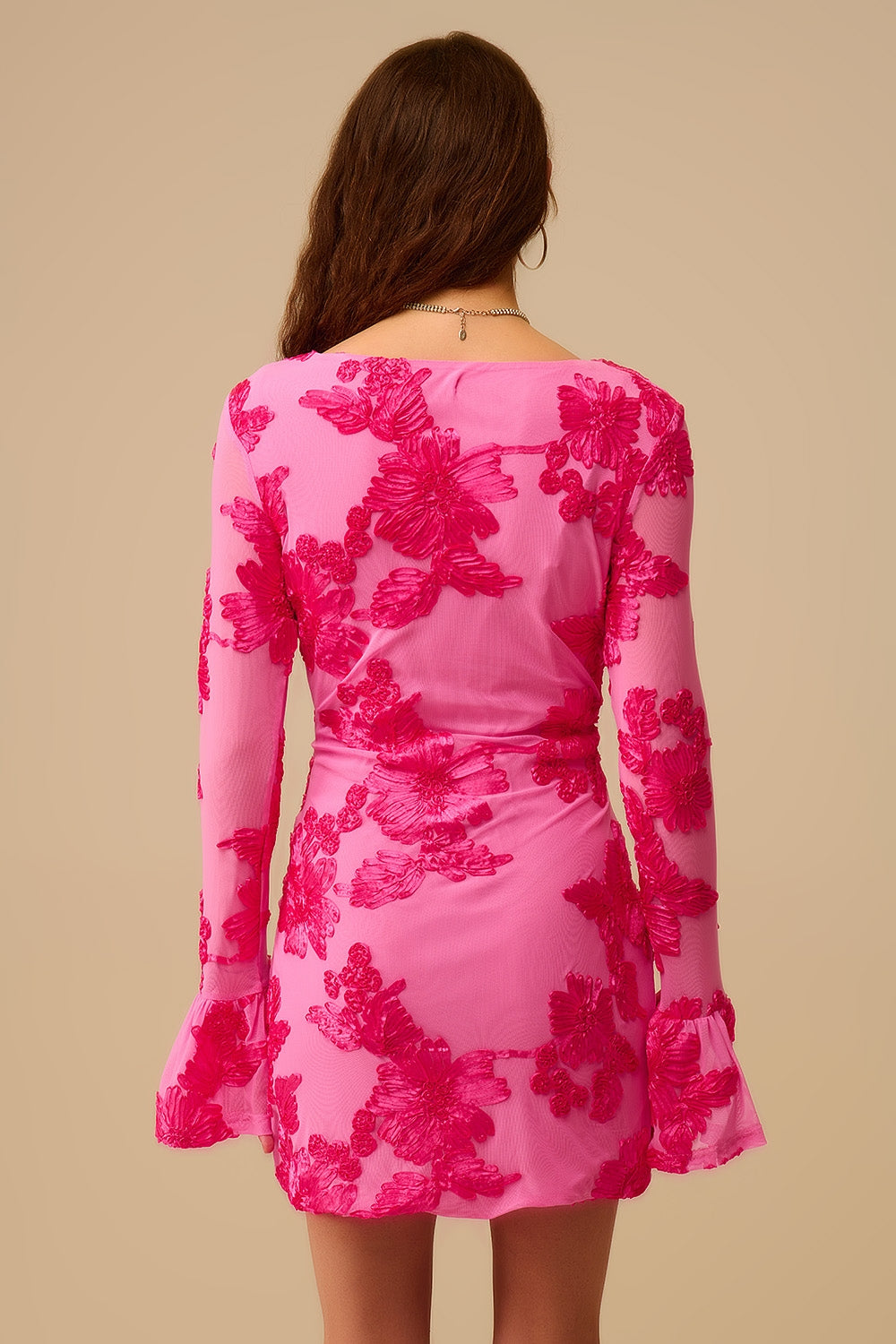 fuchsia chiffon mini dress with floral brocade - dress