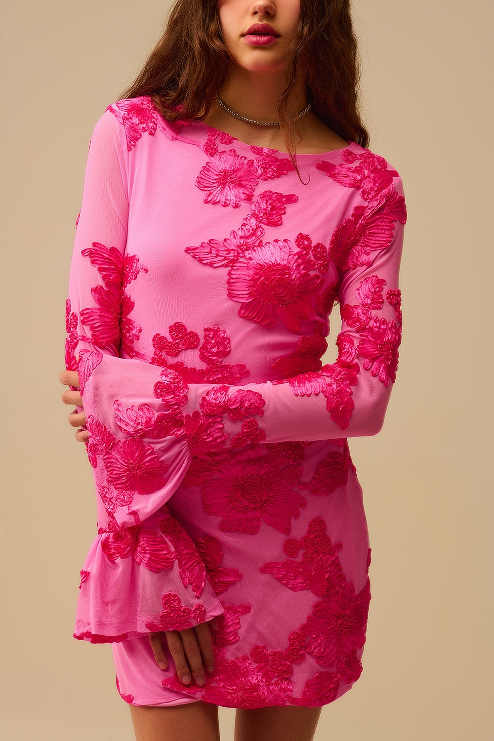 fuchsia chiffon mini dress with floral brocade - dress