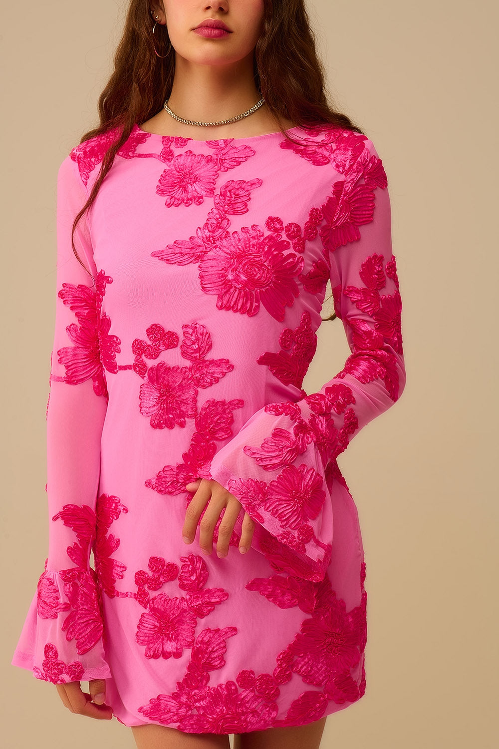 fuchsia chiffon mini dress with floral brocade - dress