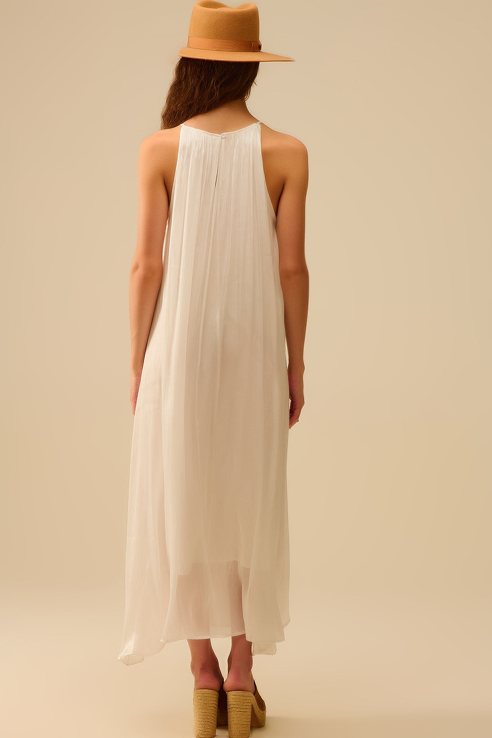 White Pleated Halter long Dress with Beaded Neckline - dress