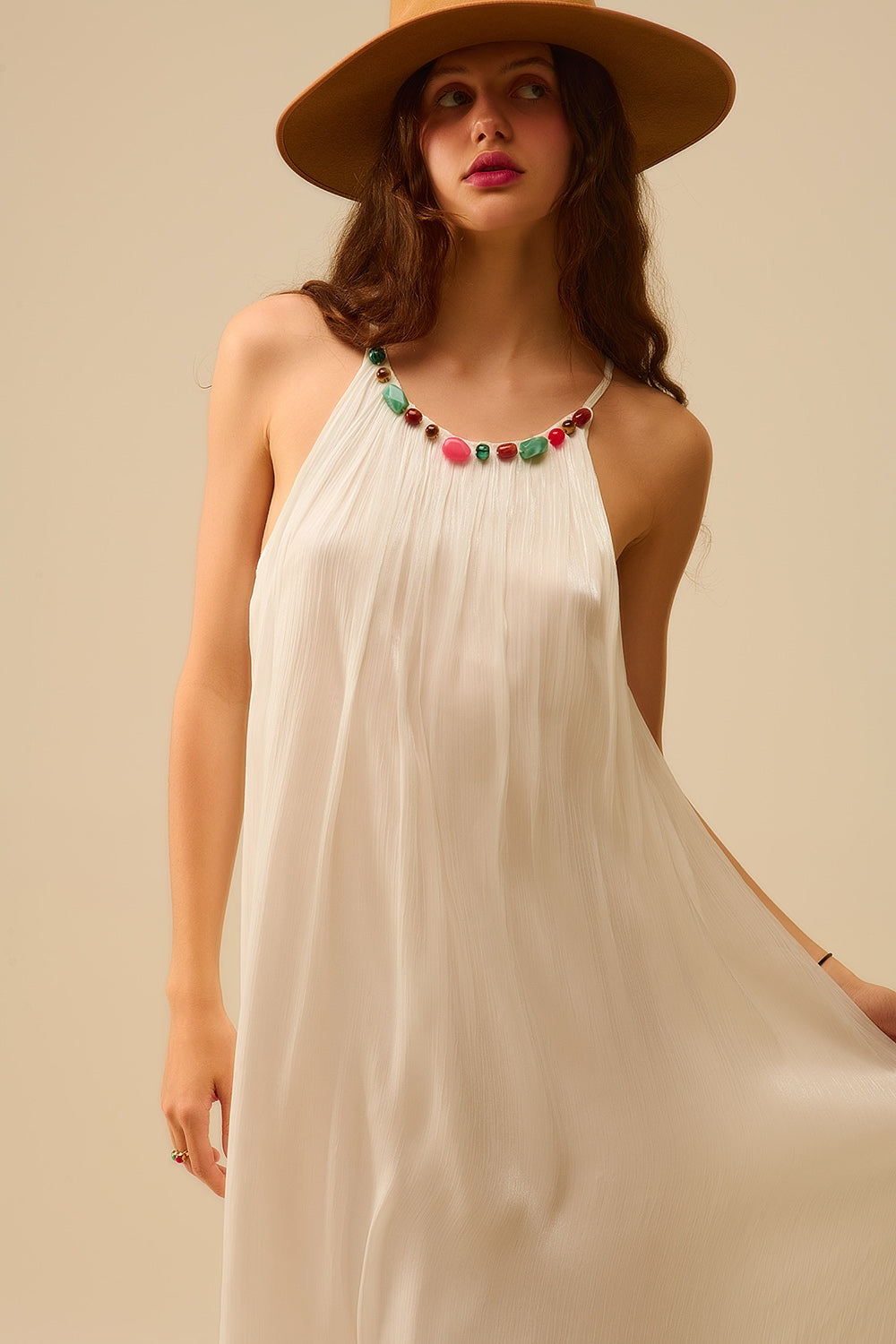 White Pleated Halter long Dress with Beaded Neckline - dress