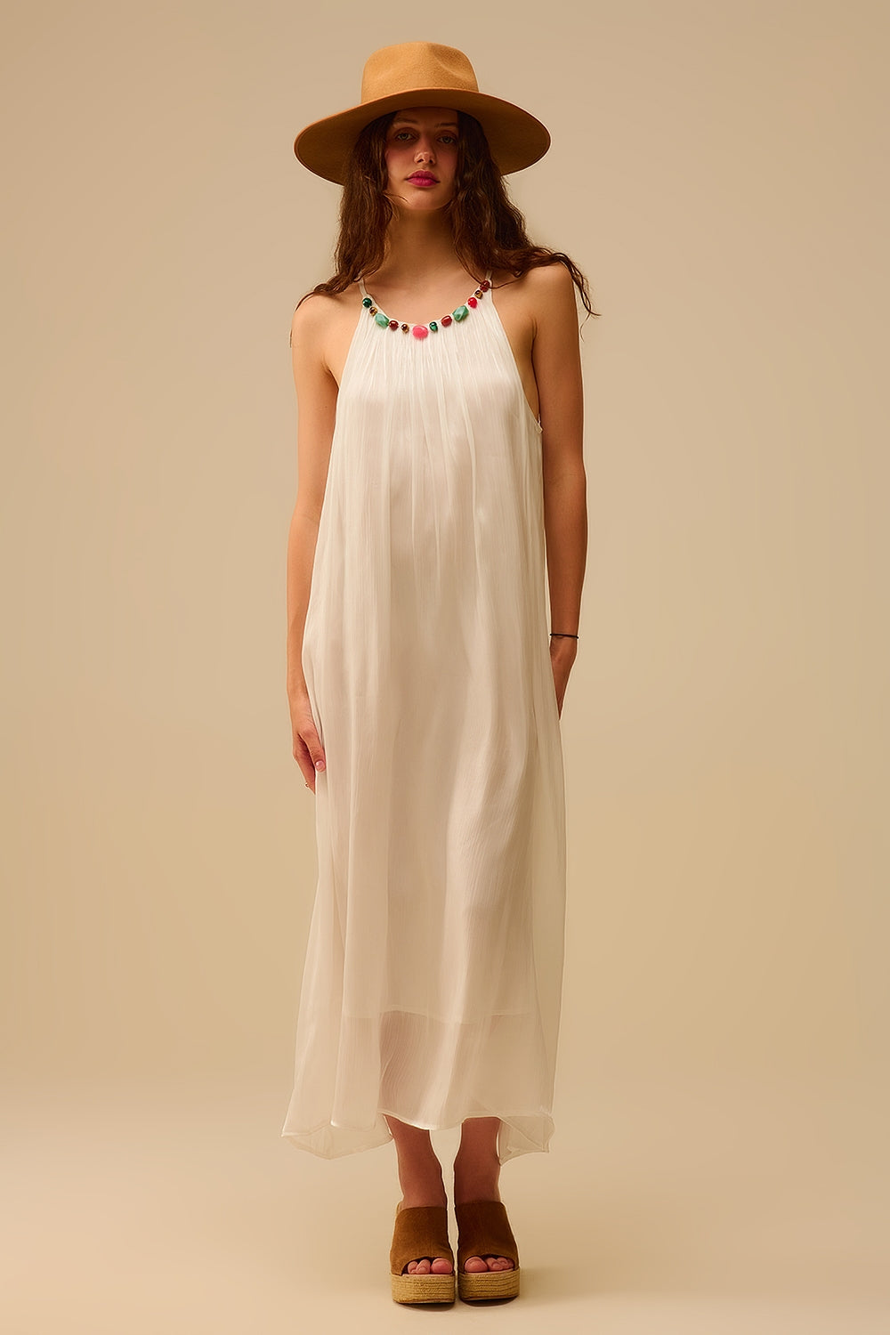White Pleated Halter long Dress with Beaded Neckline - dress