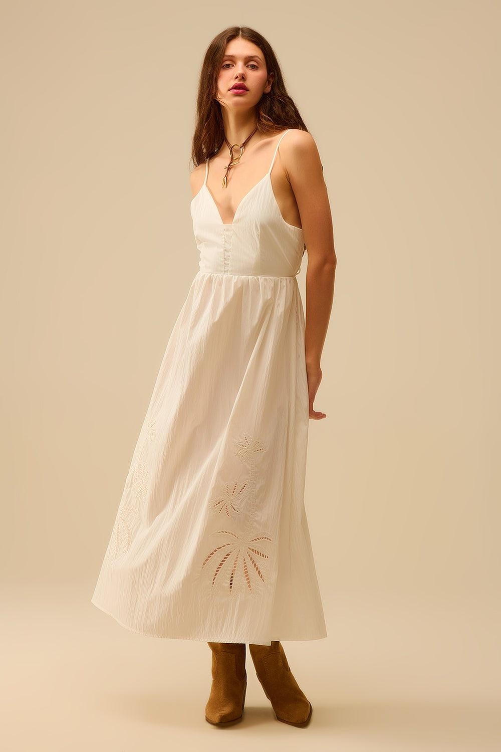 White maxi dress with embroidered palms - dress