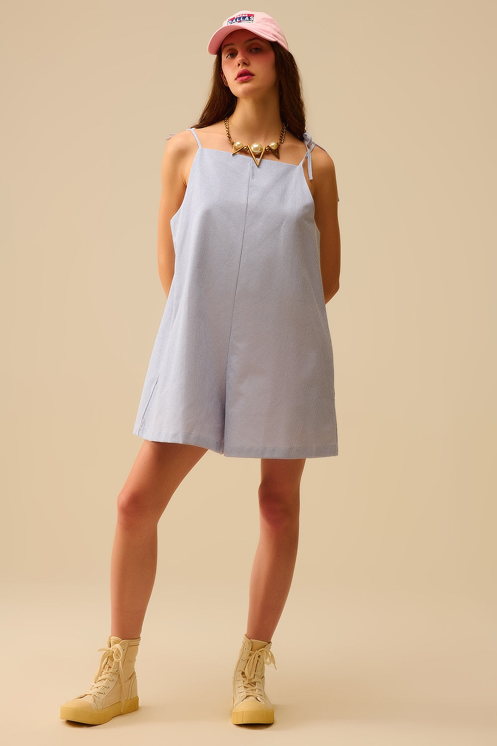 blue striped playsuit with shoulder ties and back pocket detail - dress