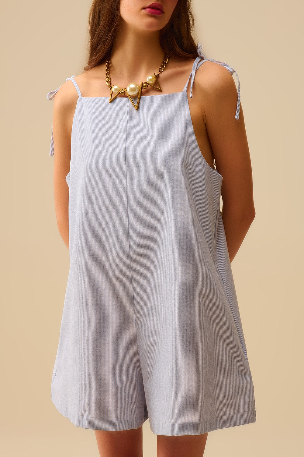 blue striped playsuit with shoulder ties and back pocket detail - dress