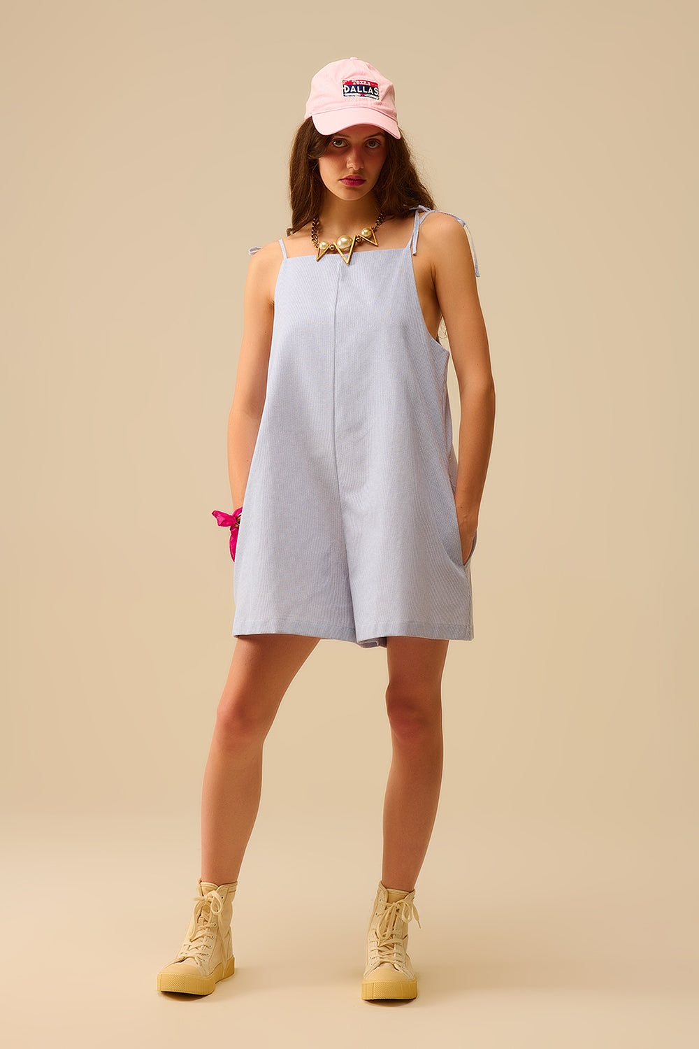 blue striped playsuit with shoulder ties and back pocket detail - dress