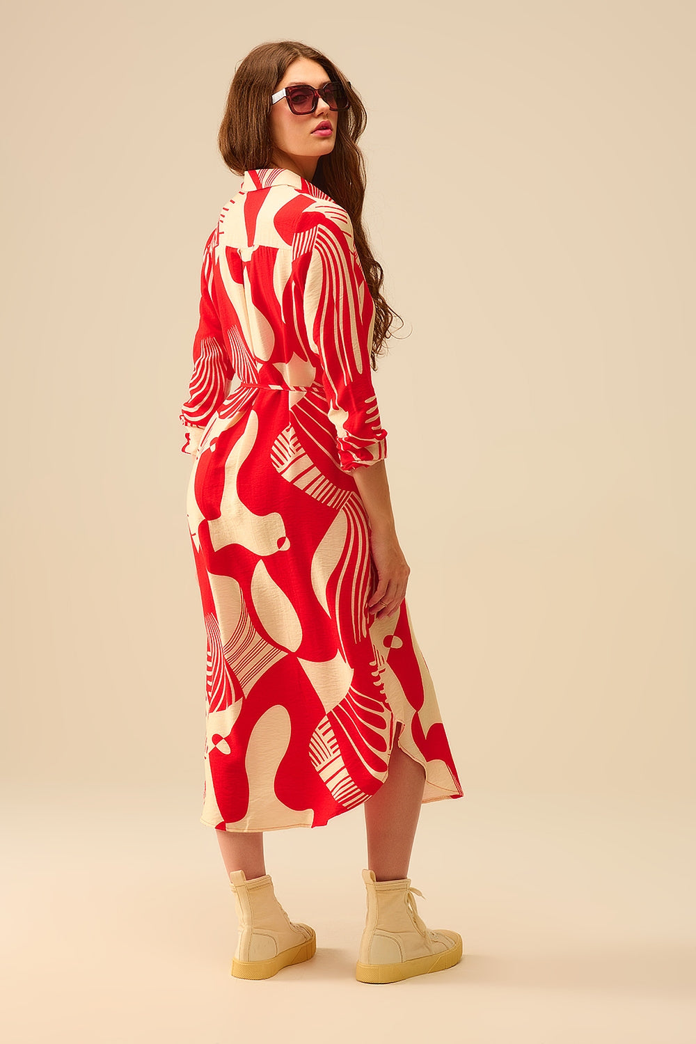 abstract print button-down dress in red - dress