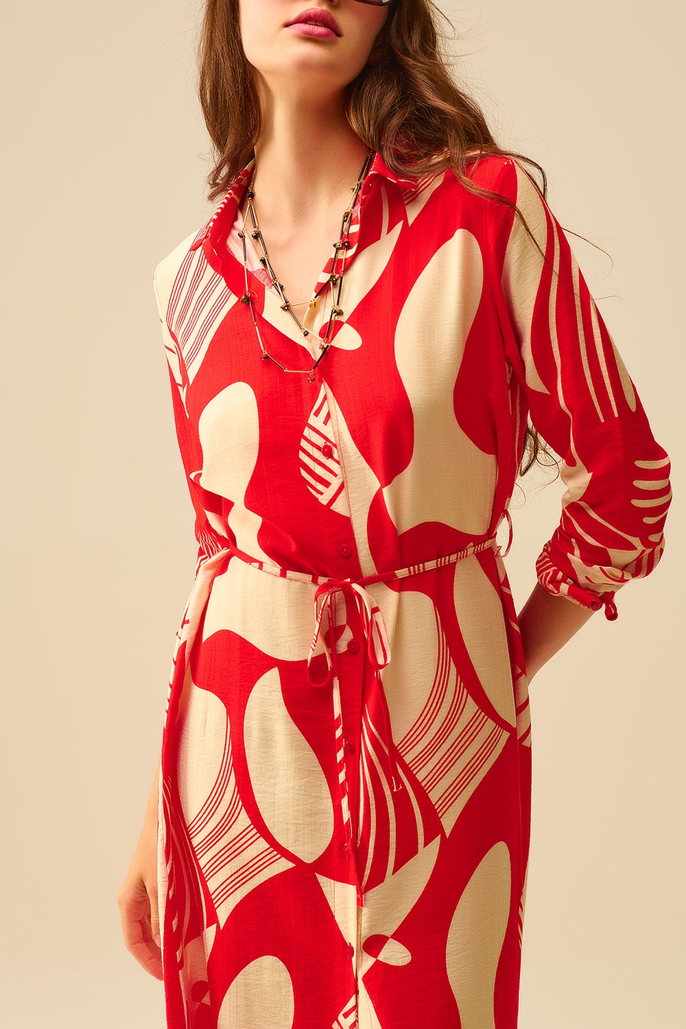 abstract print button-down dress in red - dress