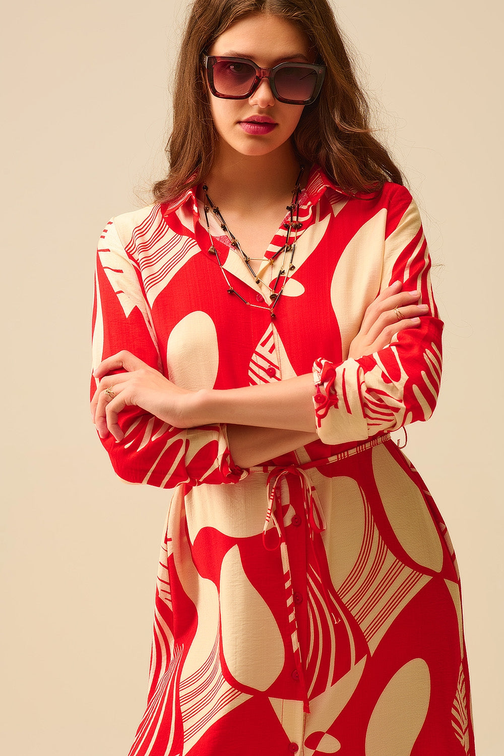 abstract print button-down dress in red - dress