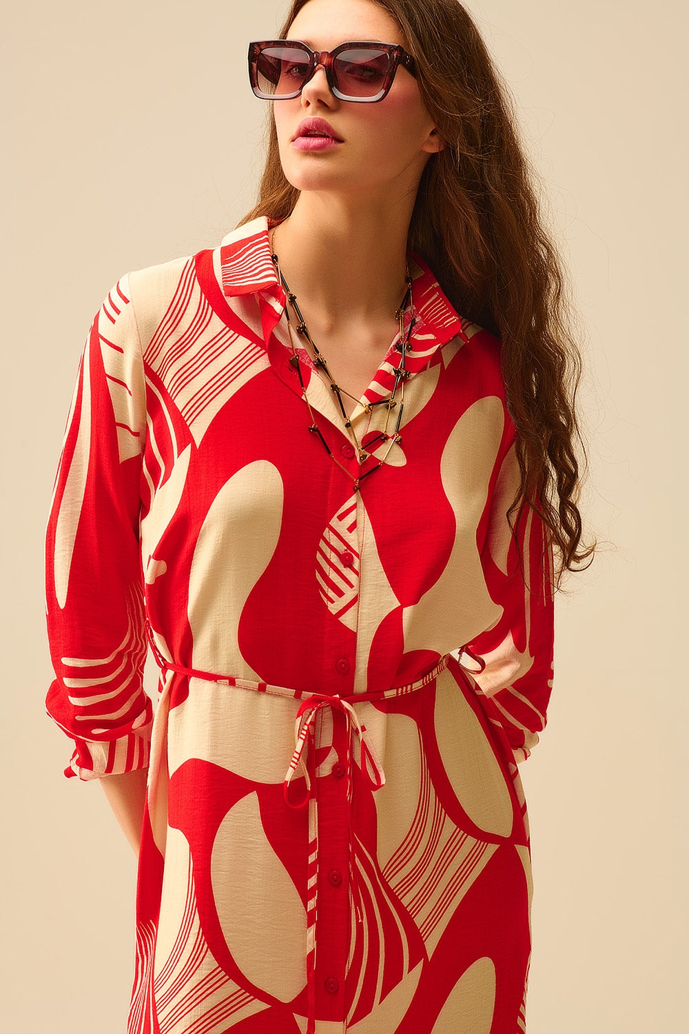 abstract print button-down dress in red - dress
