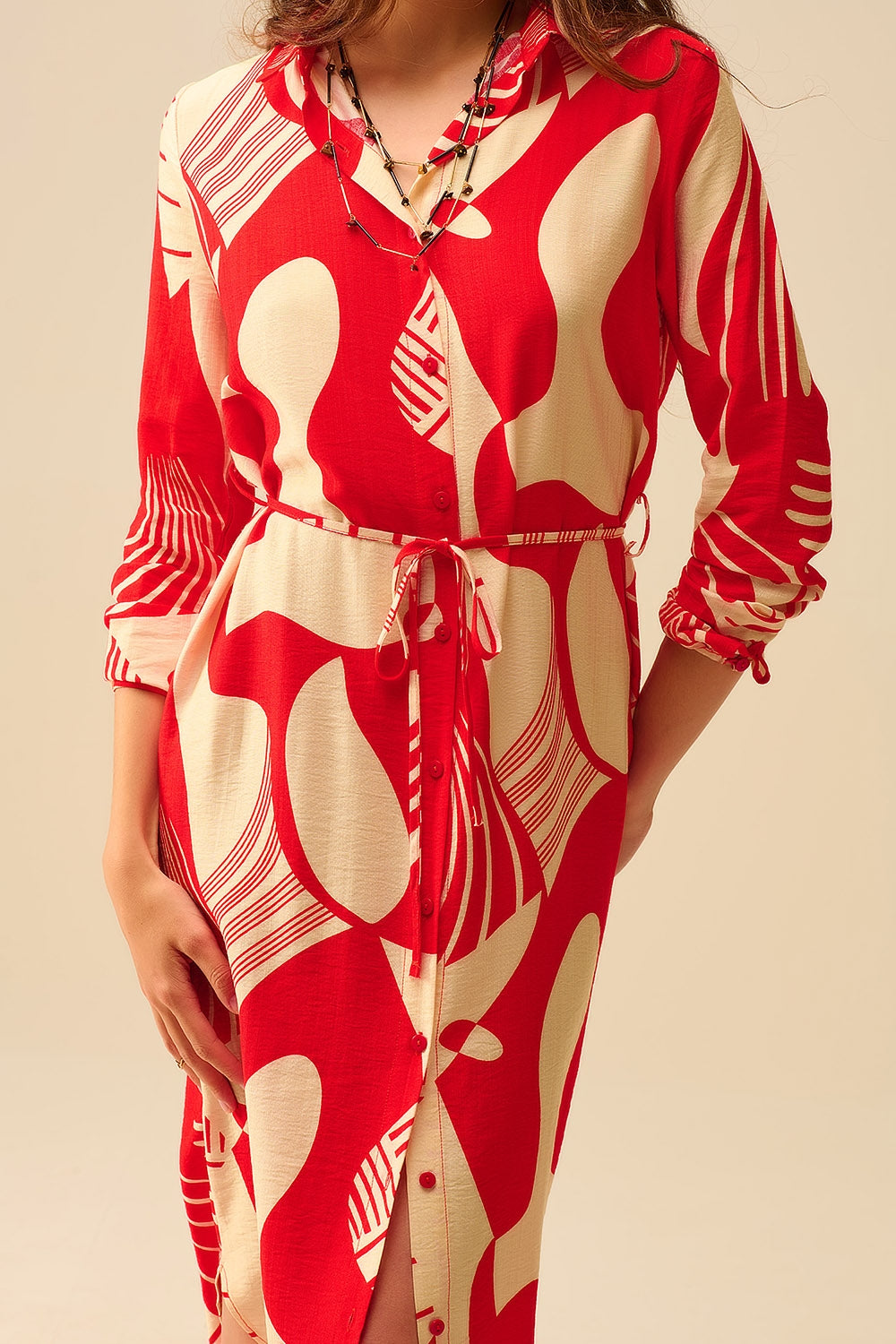 abstract print button-down dress in red - dress