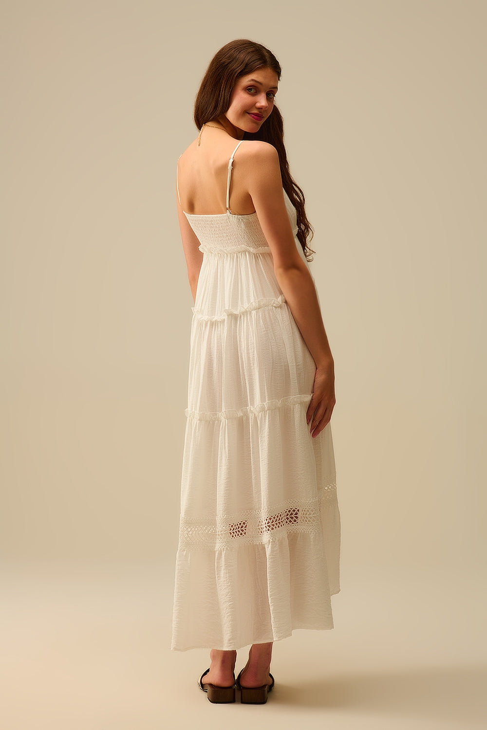 Tiered Maxi Dress with Lace Inserts in White - dress