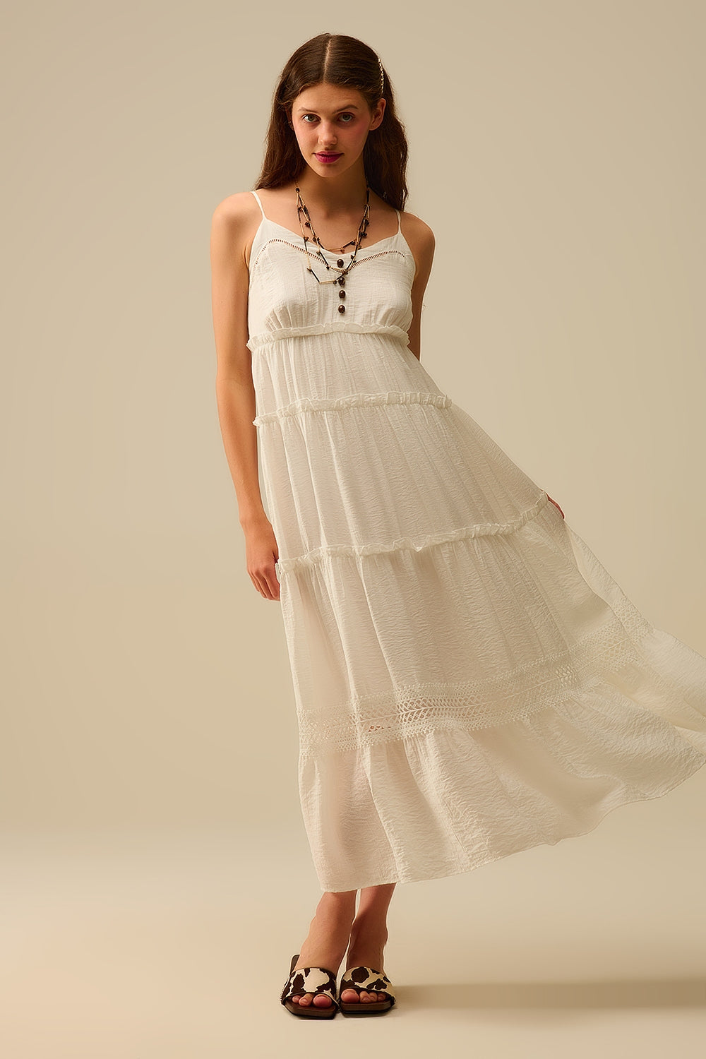 Tiered Maxi Dress with Lace Inserts in White - dress