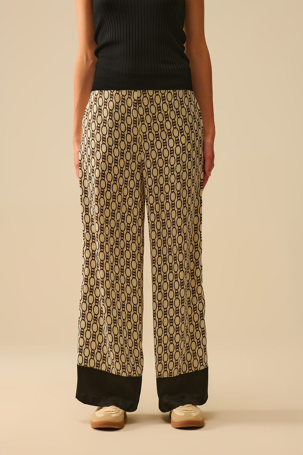 Wide-Leg Printed Pants with Chain Motif - trousers