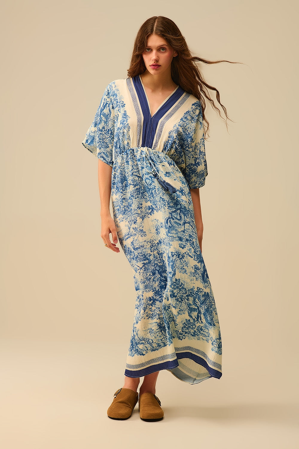Robe fluide à col en V et imprimé Toile de Jouy