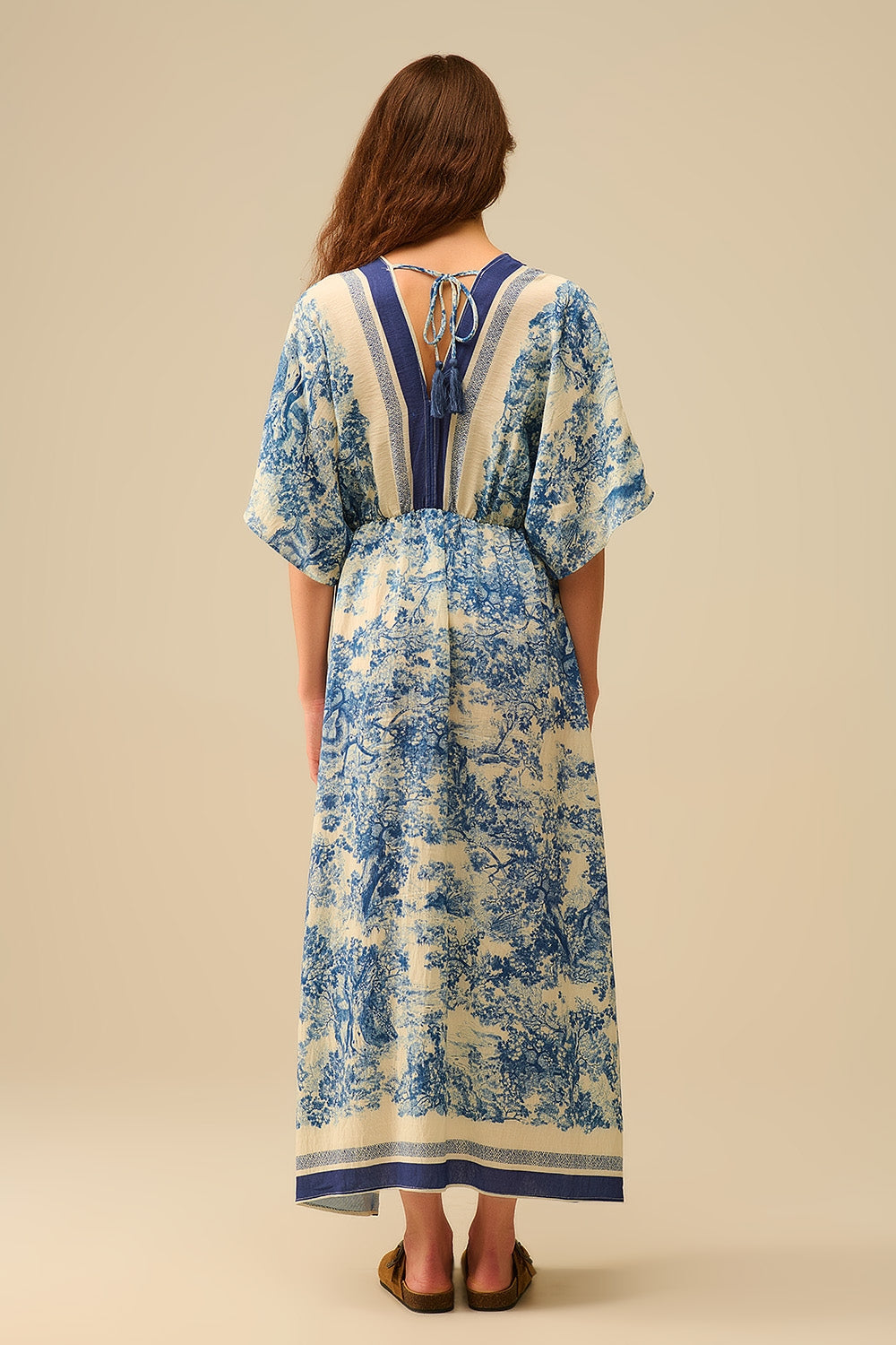 Flowy V-neck Dress with Toile de Jouy Print - dress