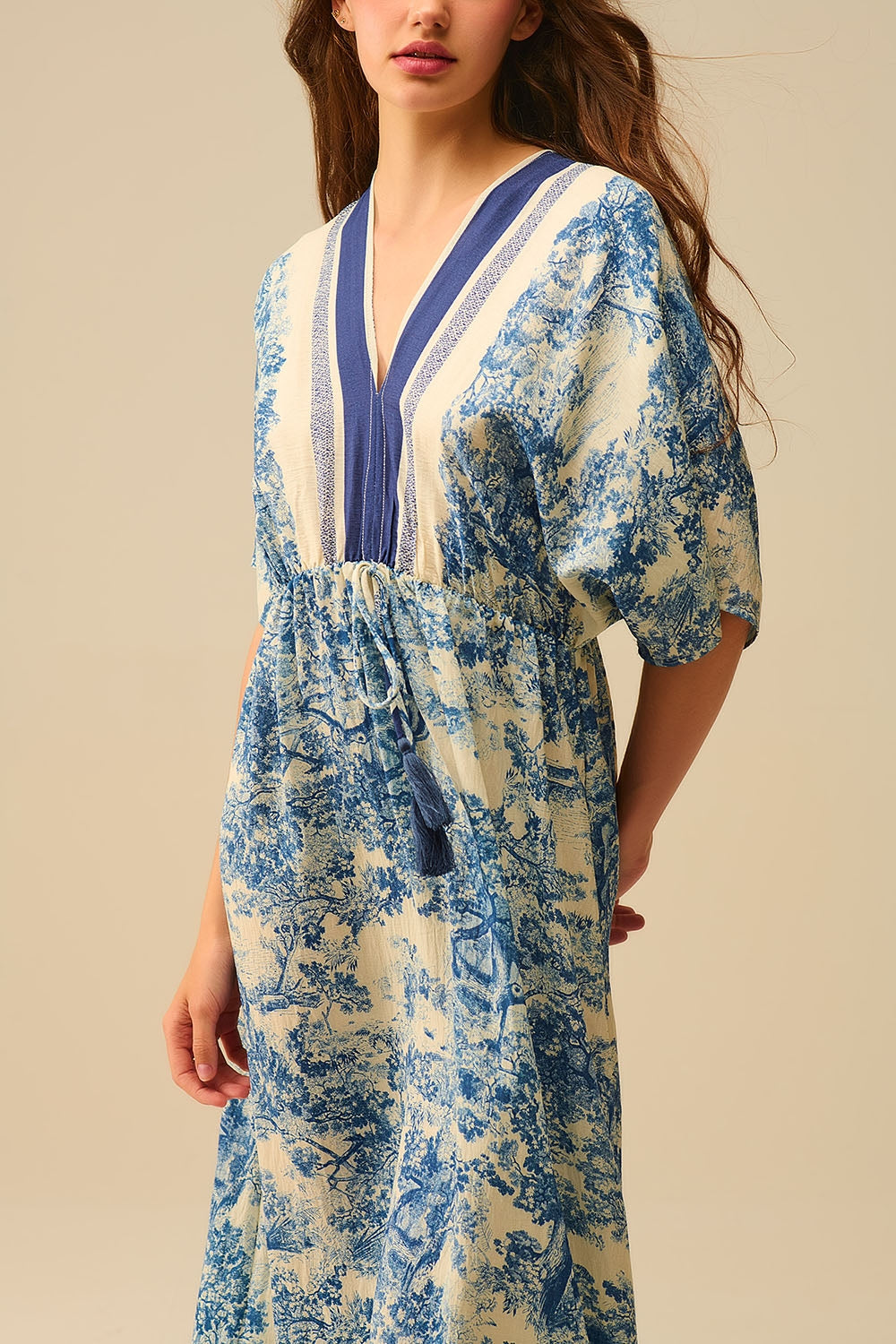 Flowy V-neck Dress with Toile de Jouy Print - dress