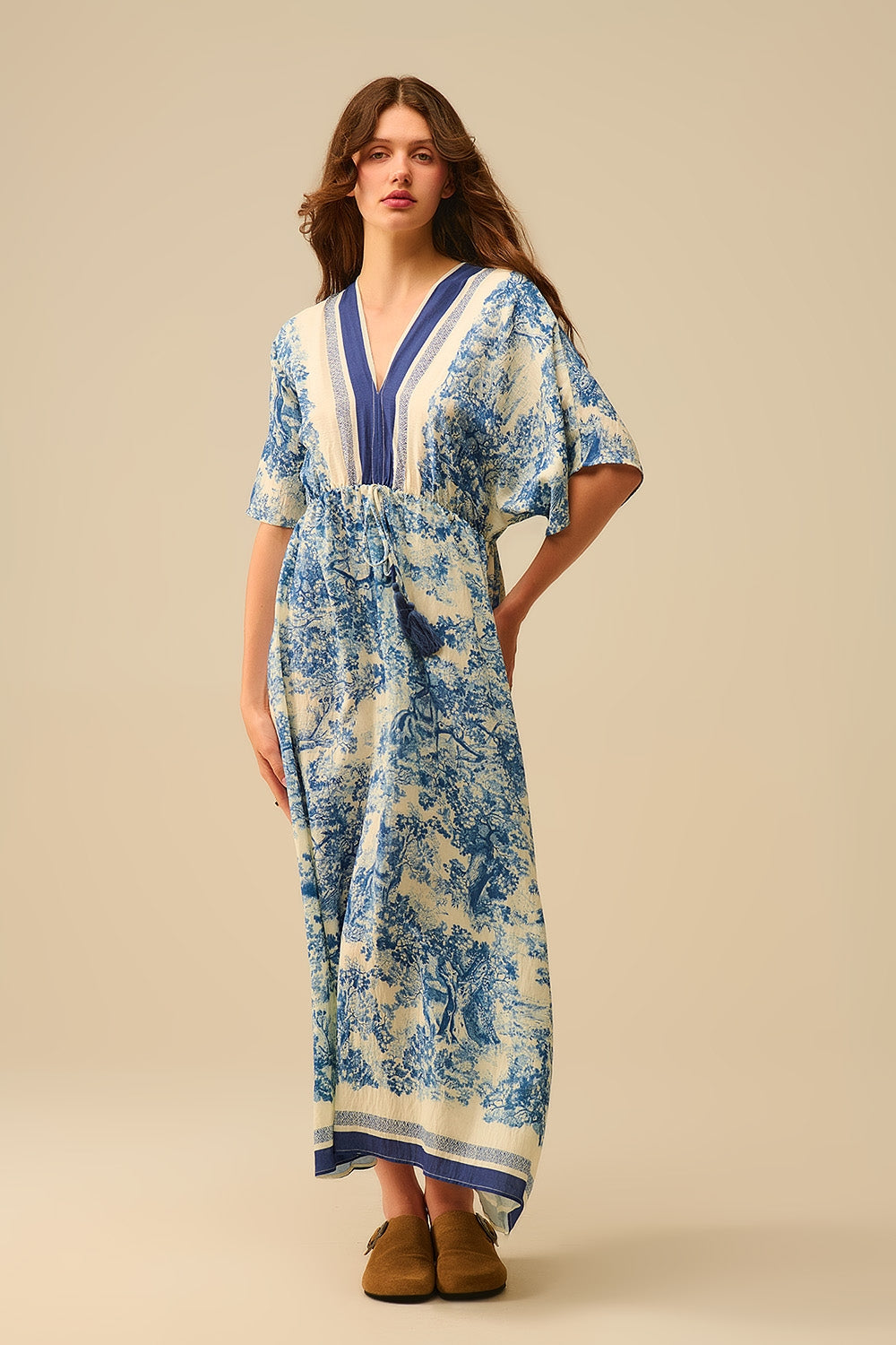 Flowy V-neck Dress with Toile de Jouy Print - dress