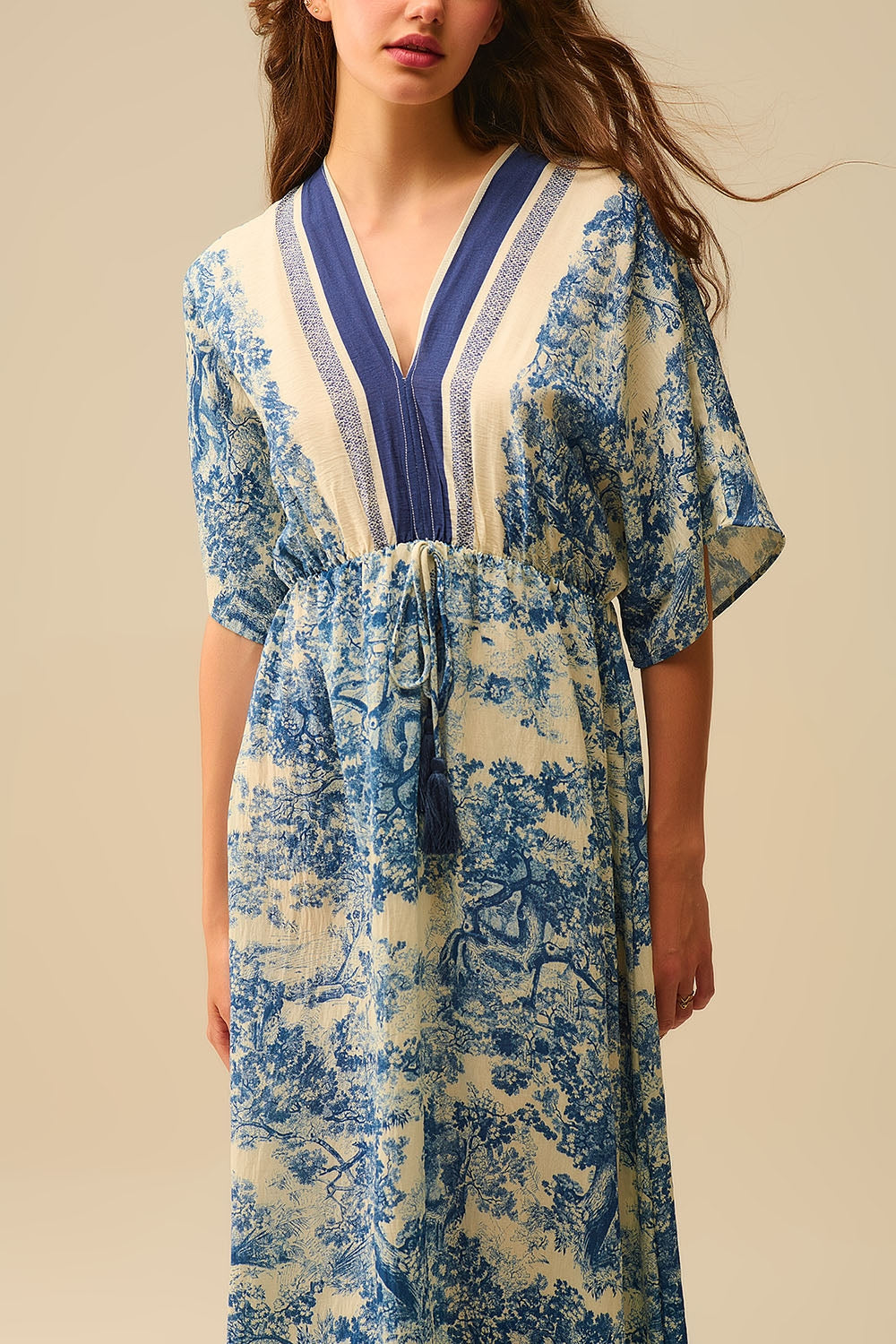 Flowy V-neck Dress with Toile de Jouy Print - dress