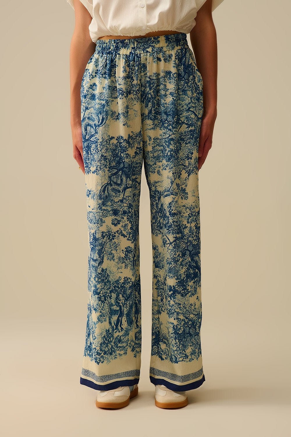 Flowy Toile de Jouy Printed Trousers with Elastic Waist - trousers