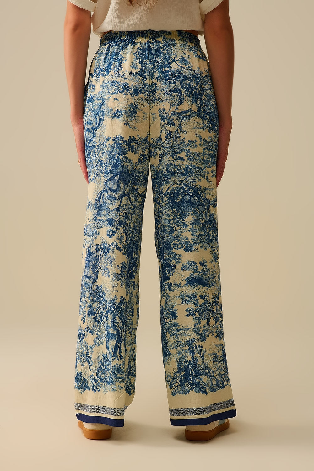 Flowy Toile de Jouy Printed Trousers with Elastic Waist - trousers